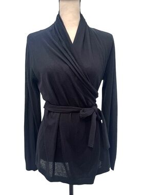DKNY BLACK SILK CASHMERE KNIT BALLET WRAP TIE FRONT CARDIGAN SWEATER